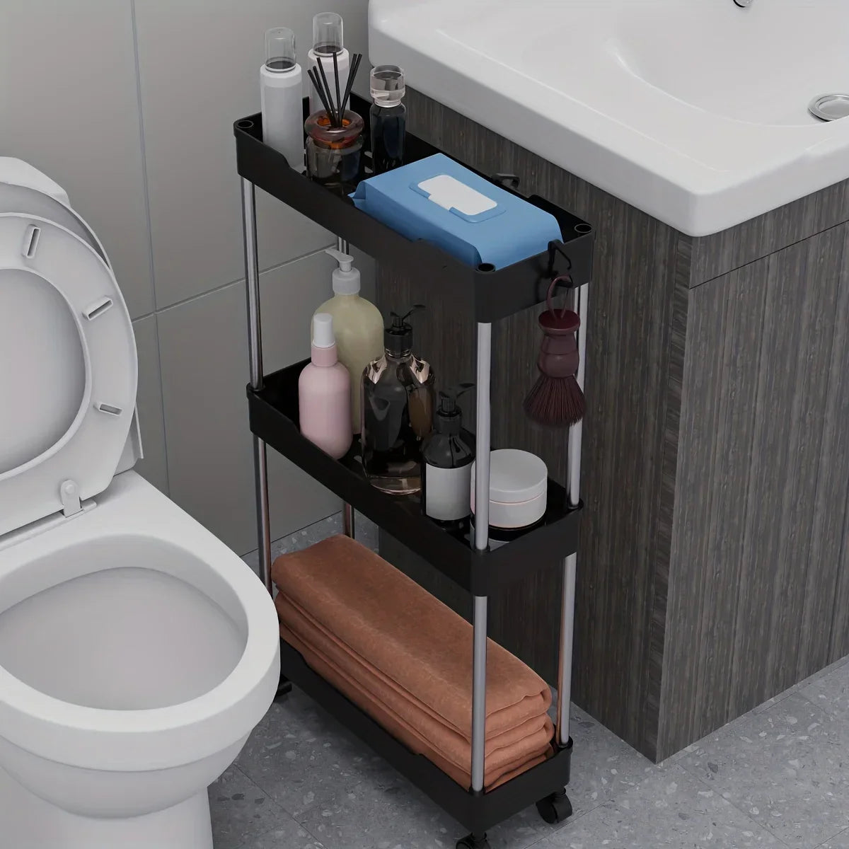 1pc Bathroom Storage Rack With 3/4 Layer Rolling